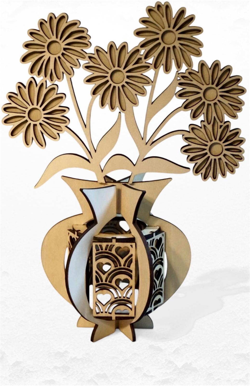 Fleurs en Bois & Pot Incrusté – Décoration Naturelle Artisanale