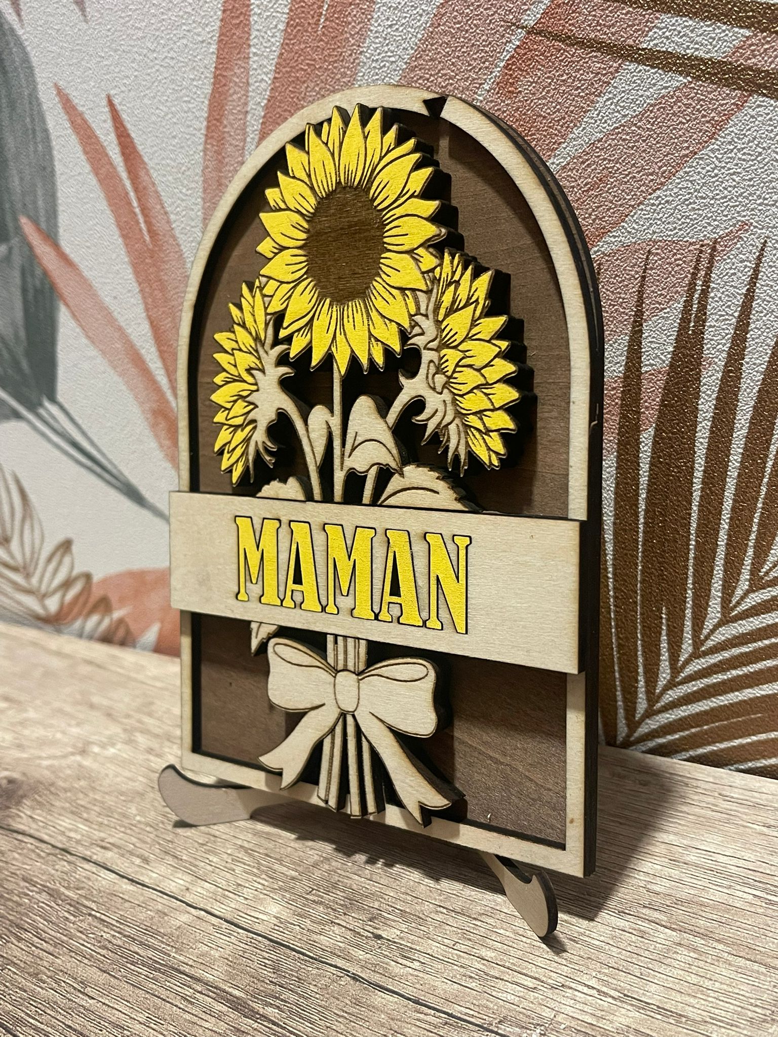 Cadre Bois Personnalisé – Bouquet Tournesols ou Tulipes – Cadeau Maman