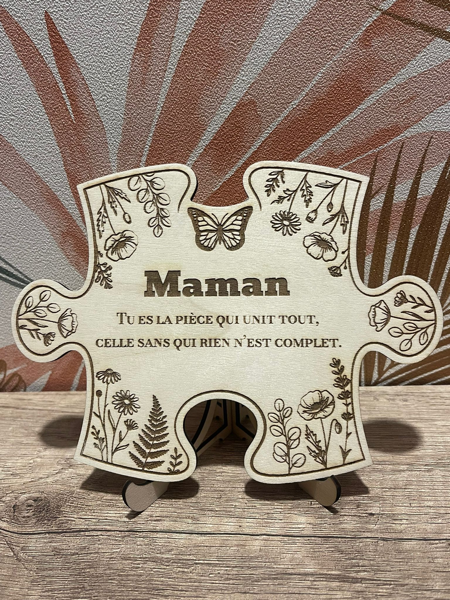 Cadre Bois Personnalisé – Pièce de Puzzle & Fleurs Sauvages – Cadeau Maman