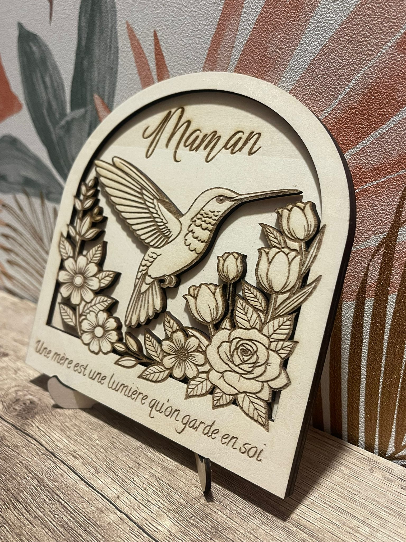 Cadre Bois Personnalisé – Colibri & Fleurs – Citation au Choix