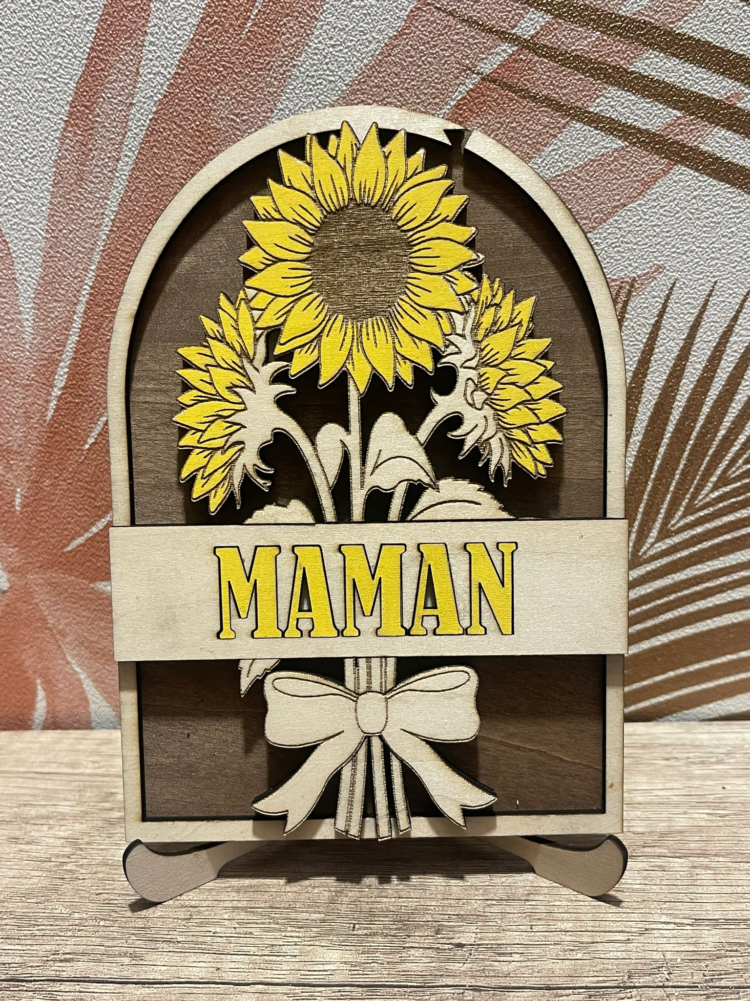 Cadre Bois Personnalisé – Bouquet Tournesols ou Tulipes – Cadeau Maman