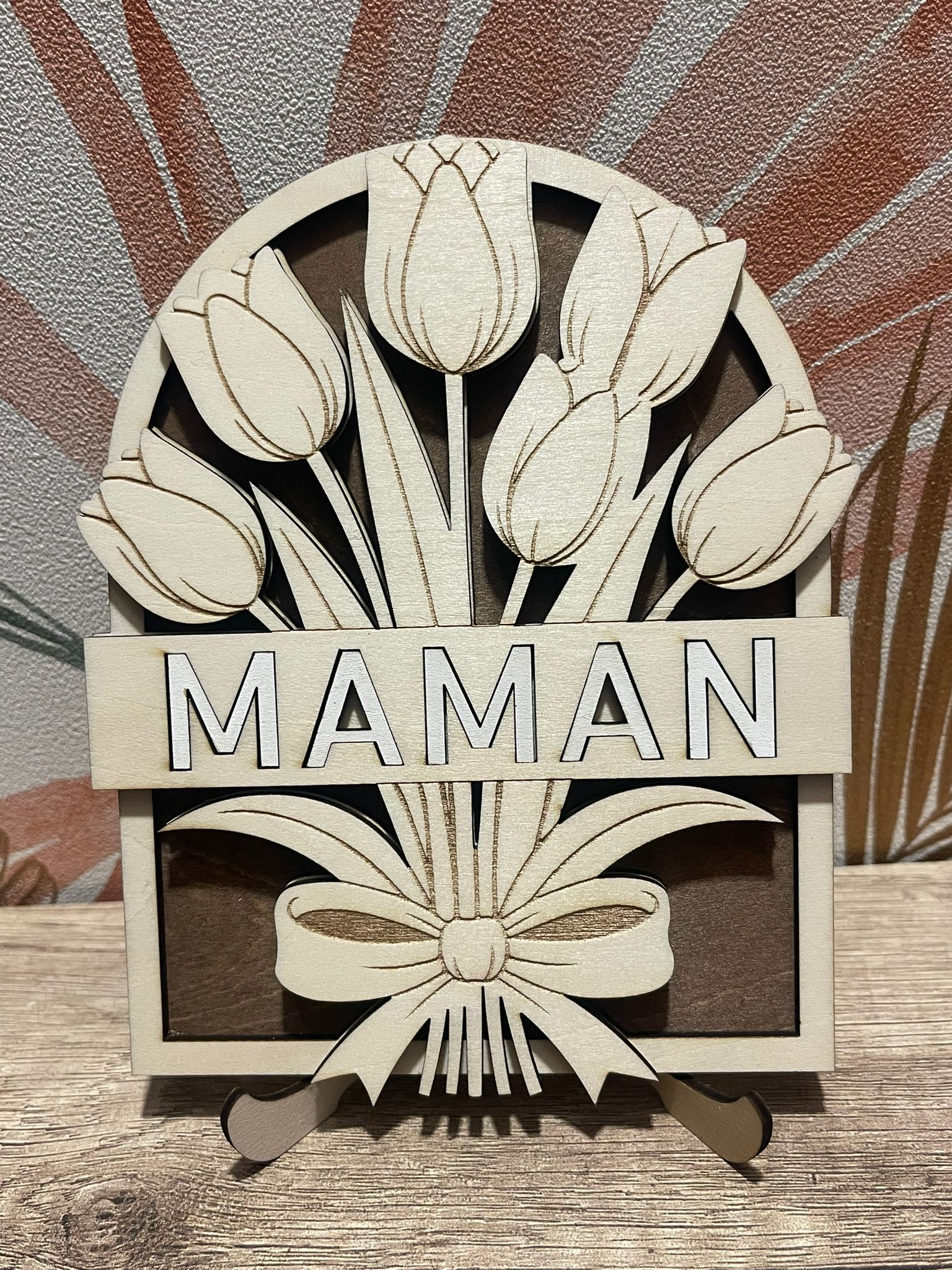Cadre Bois Personnalisé – Bouquet Tournesols ou Tulipes – Cadeau Maman